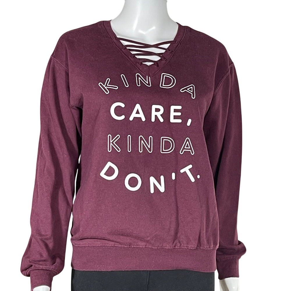 Cold Crush Burgundy Kinda Care Kinda Don't Lace Up V-Neck Sweatshirt XS Maroon